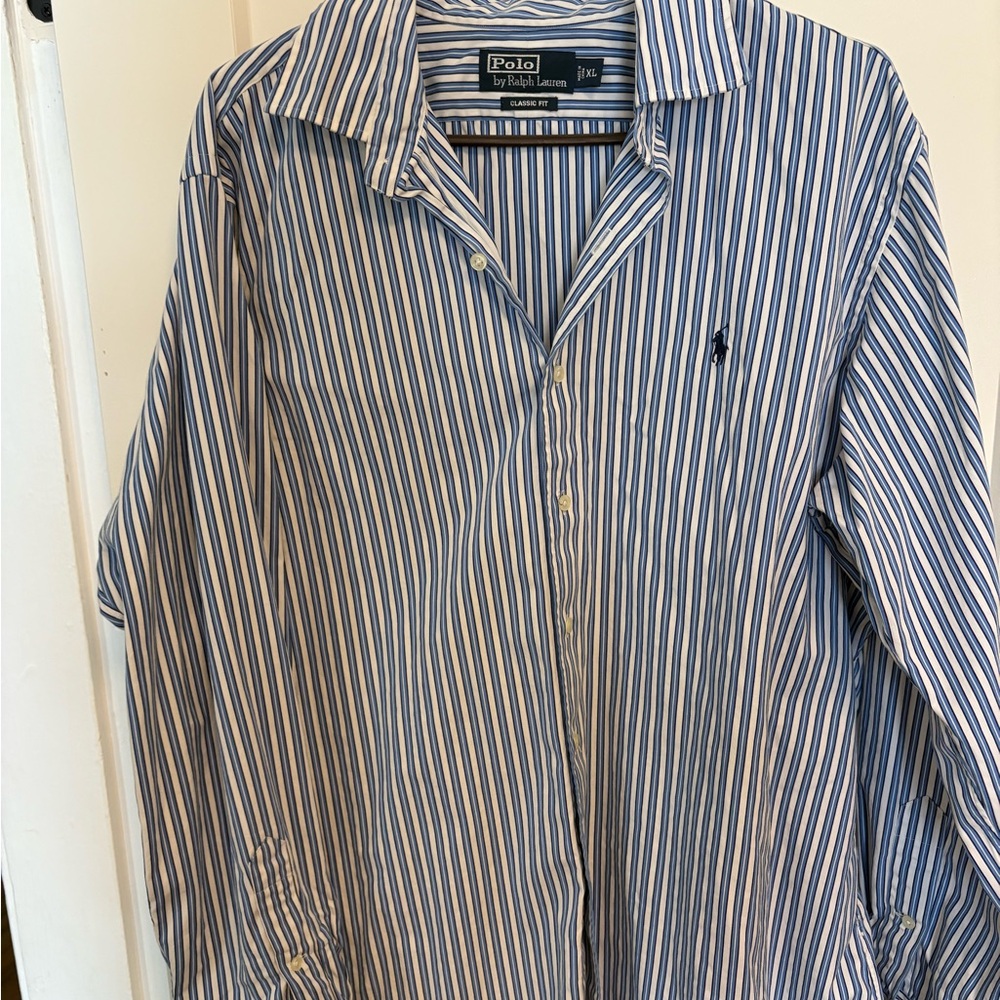 Ralph Lauren Men's Blue and White Striped Shirt